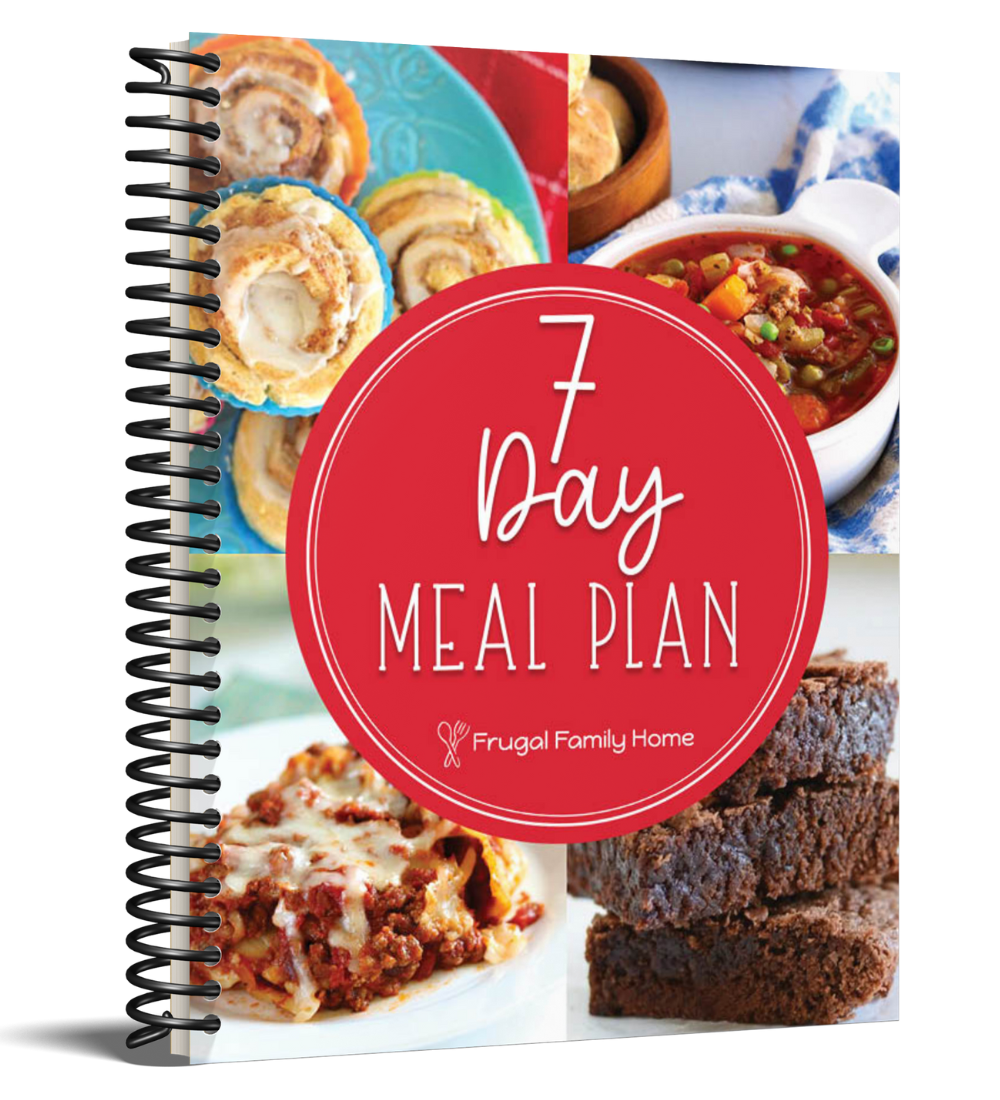 A frugal meal plan cookbook that includes recipes for breakfast, lunch, and dinner plus a dessert.