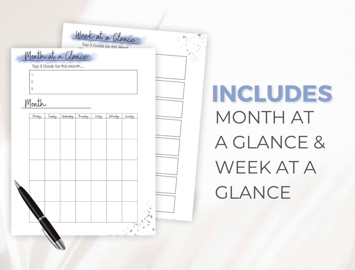The week at a glance and the month at a glance planning pages from the Daily Minimalist Planner.