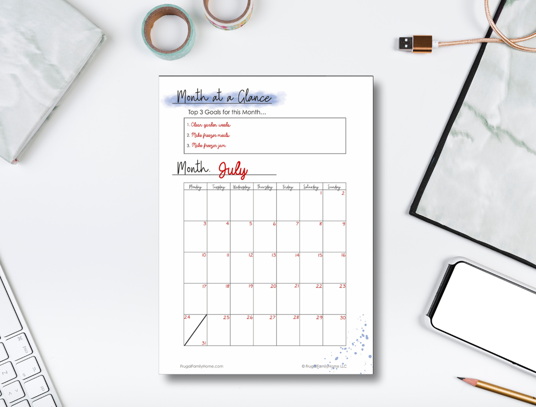 A sample of the month at a glance page filled out.