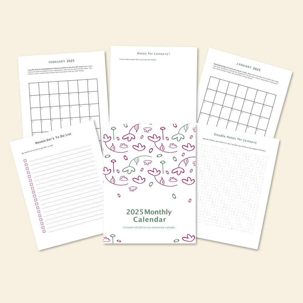 2025 Printable Calendar Pack | Minimalist Monthly Calendar + Notes Pages