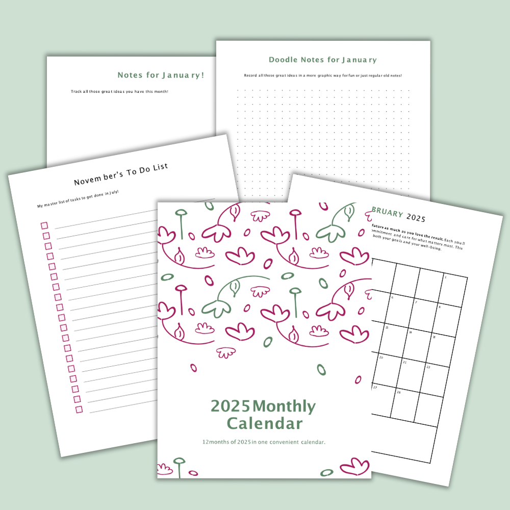 2025 Printable Calendar Pack | Minimalist Monthly Calendar + Notes Pages