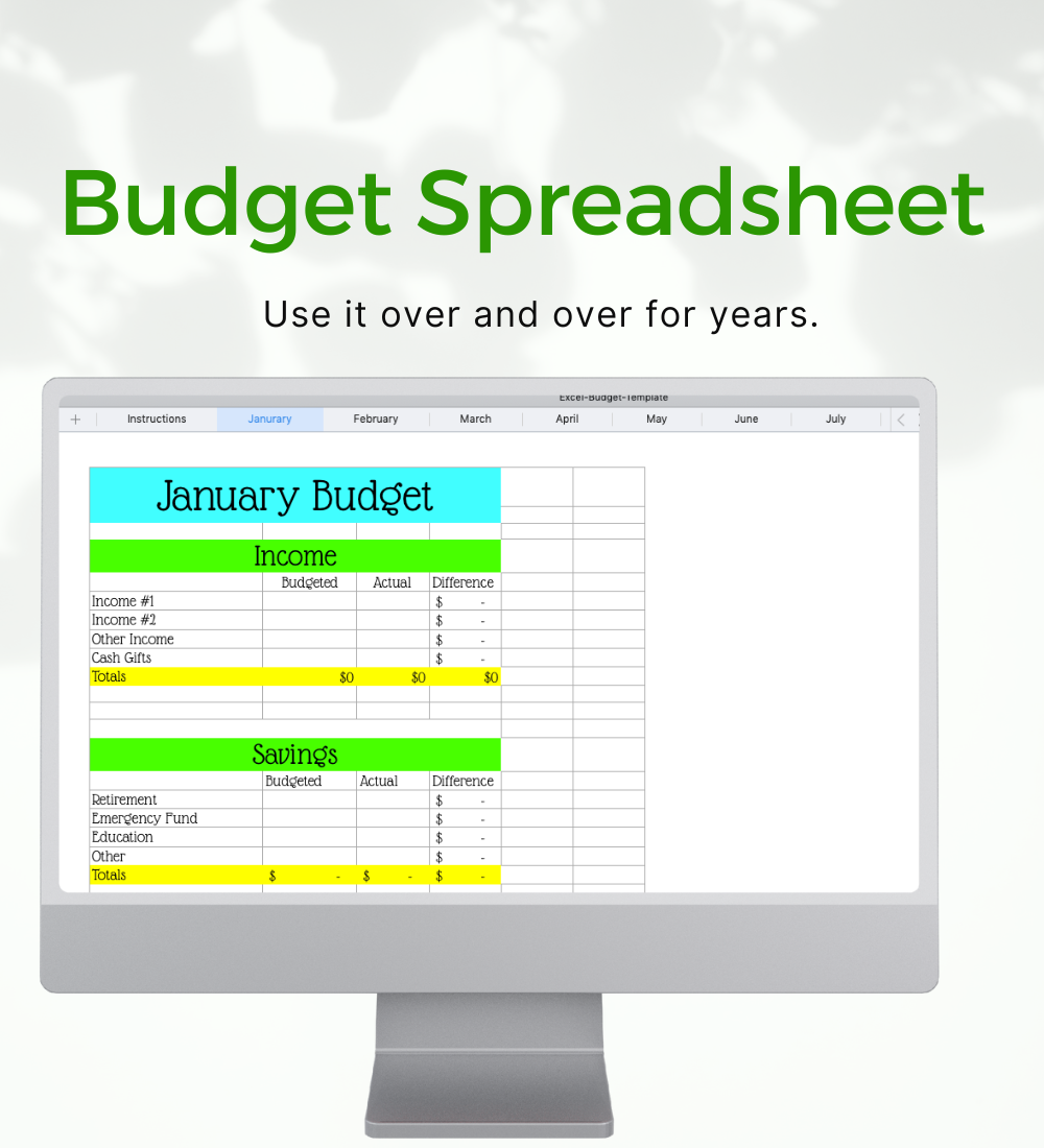 Excel, numbers or google sheets budget spreadsheet.
